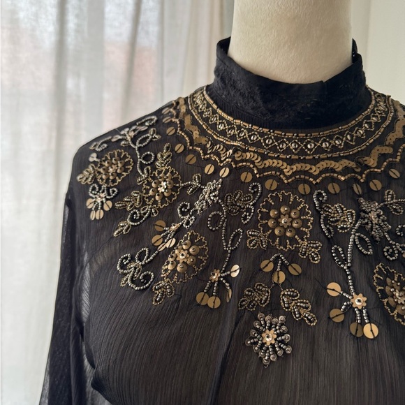 Black Embellished Sheer Bell Sleeve Blouse - Picture 3 of 5